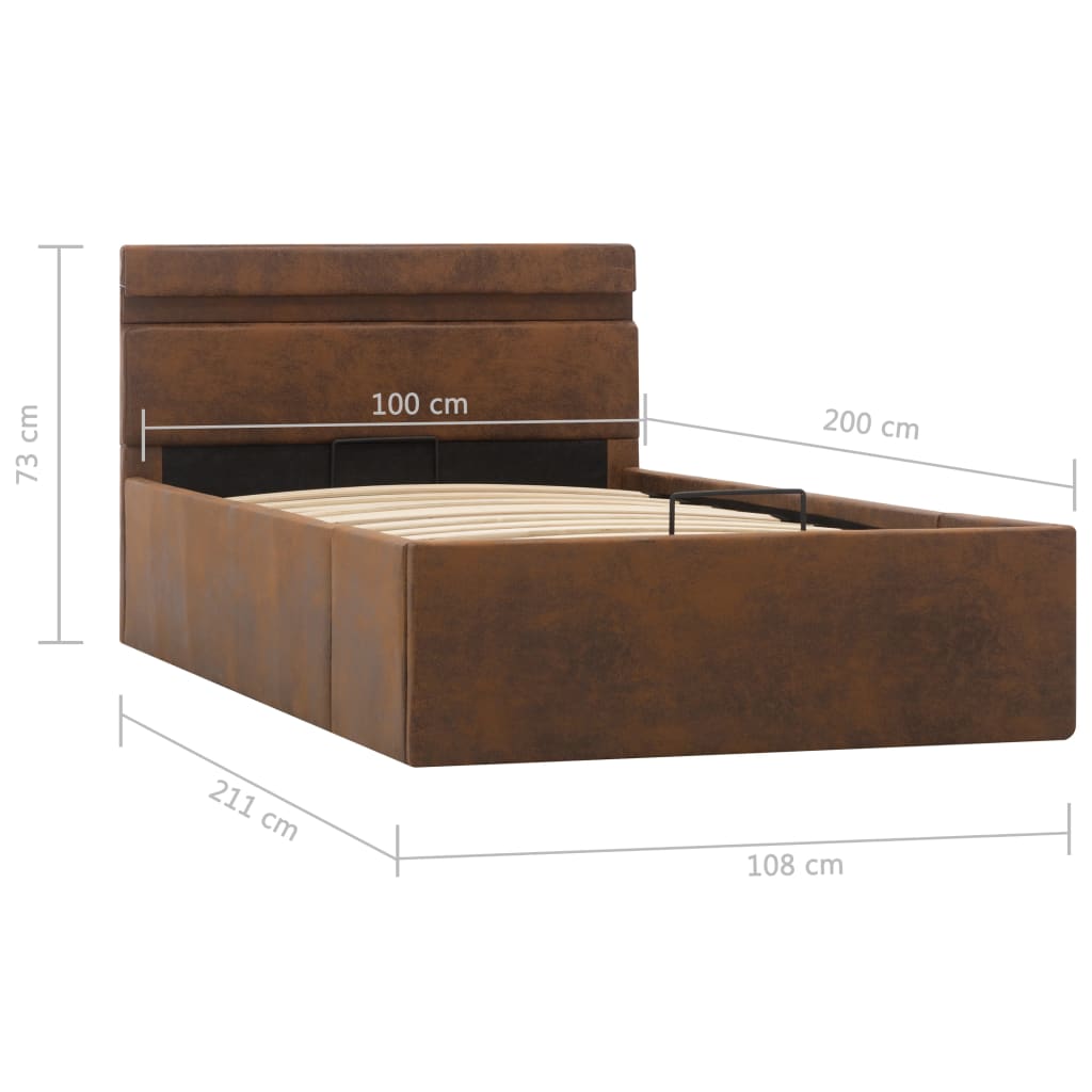 Легло с повдигащ механизъм с LED, кафяво, текстил, 100x200 см