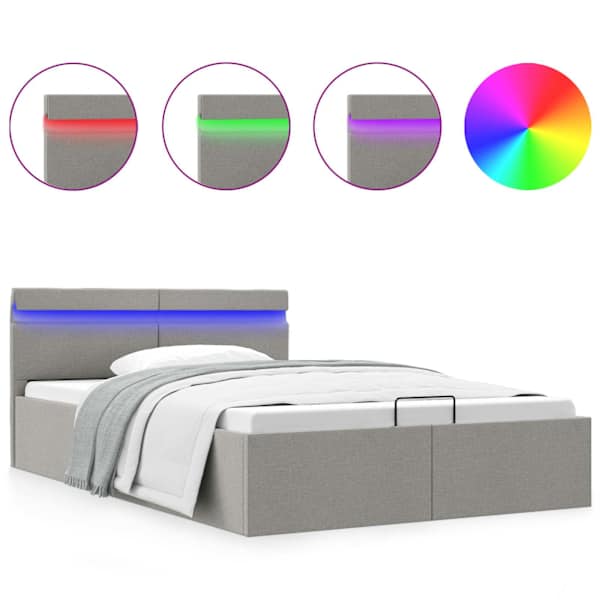 vidaXL h&uuml;drauliline hoiukastiga voodiraam LED helehall kangas 120x200