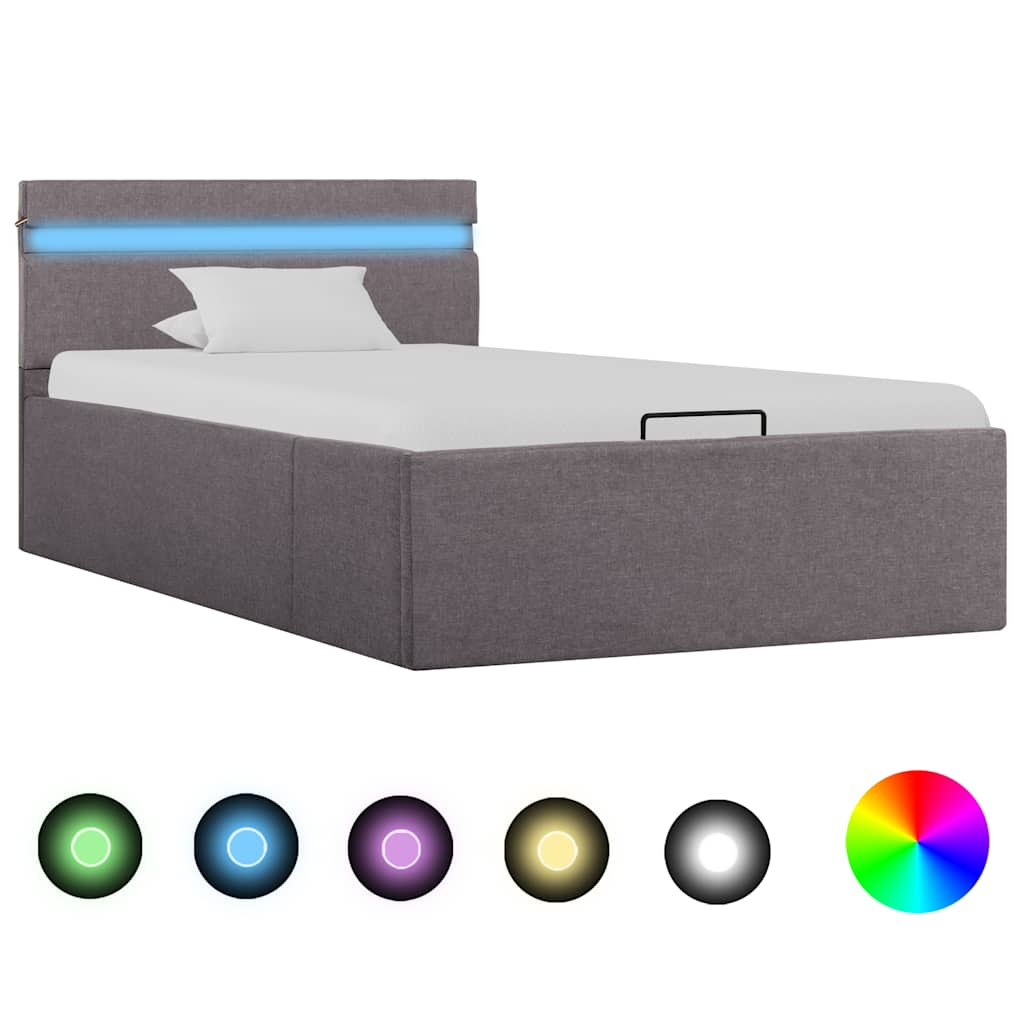 vidaXL Bett mit Bettkasten Hydraulisch mit LED Taupe Stoff 90x200 cm