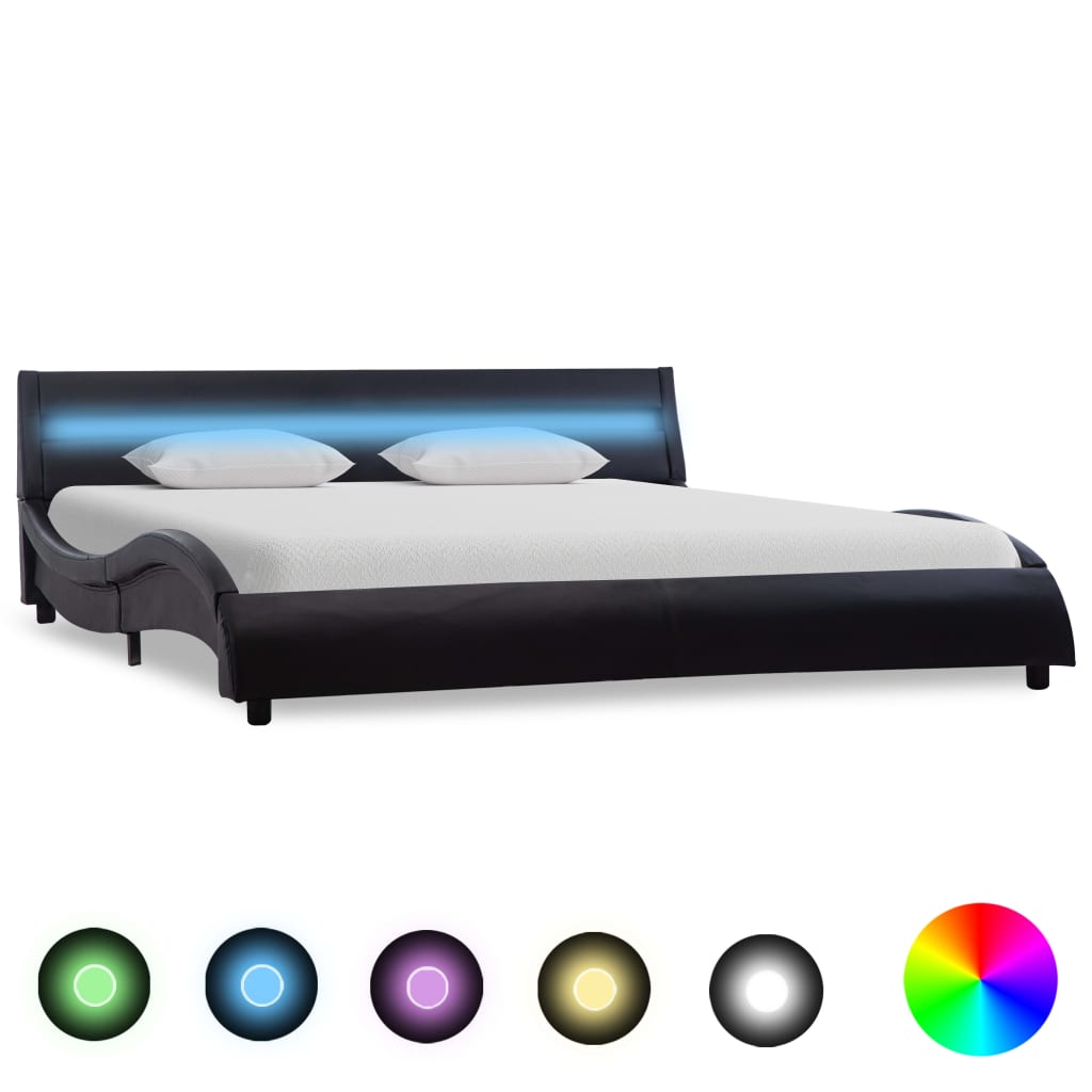 vidaXL Cadru de pat cu LED, negru, 140 x 200 cm, piele ecologică