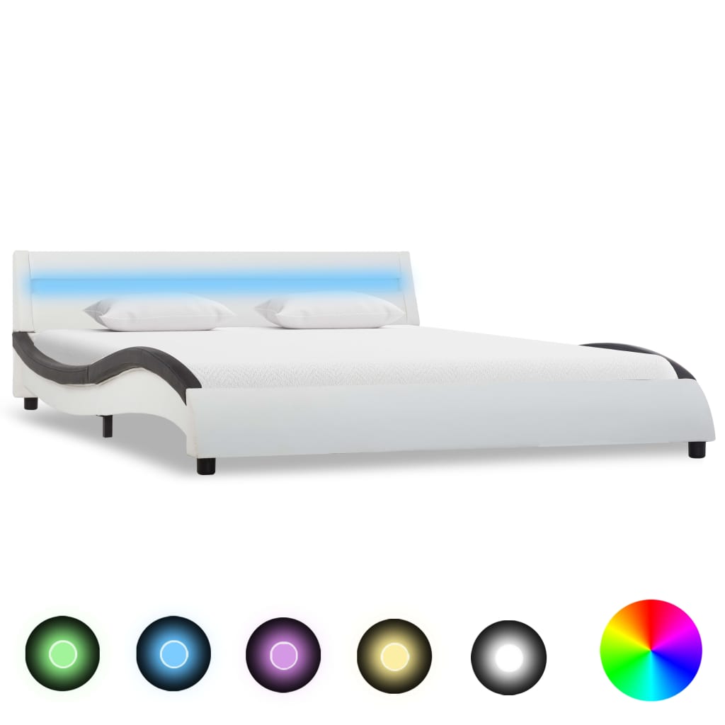 vidaXL Cadru de pat cu LED, alb & negru, 160 x 200 cm, piele ecologicÄƒ