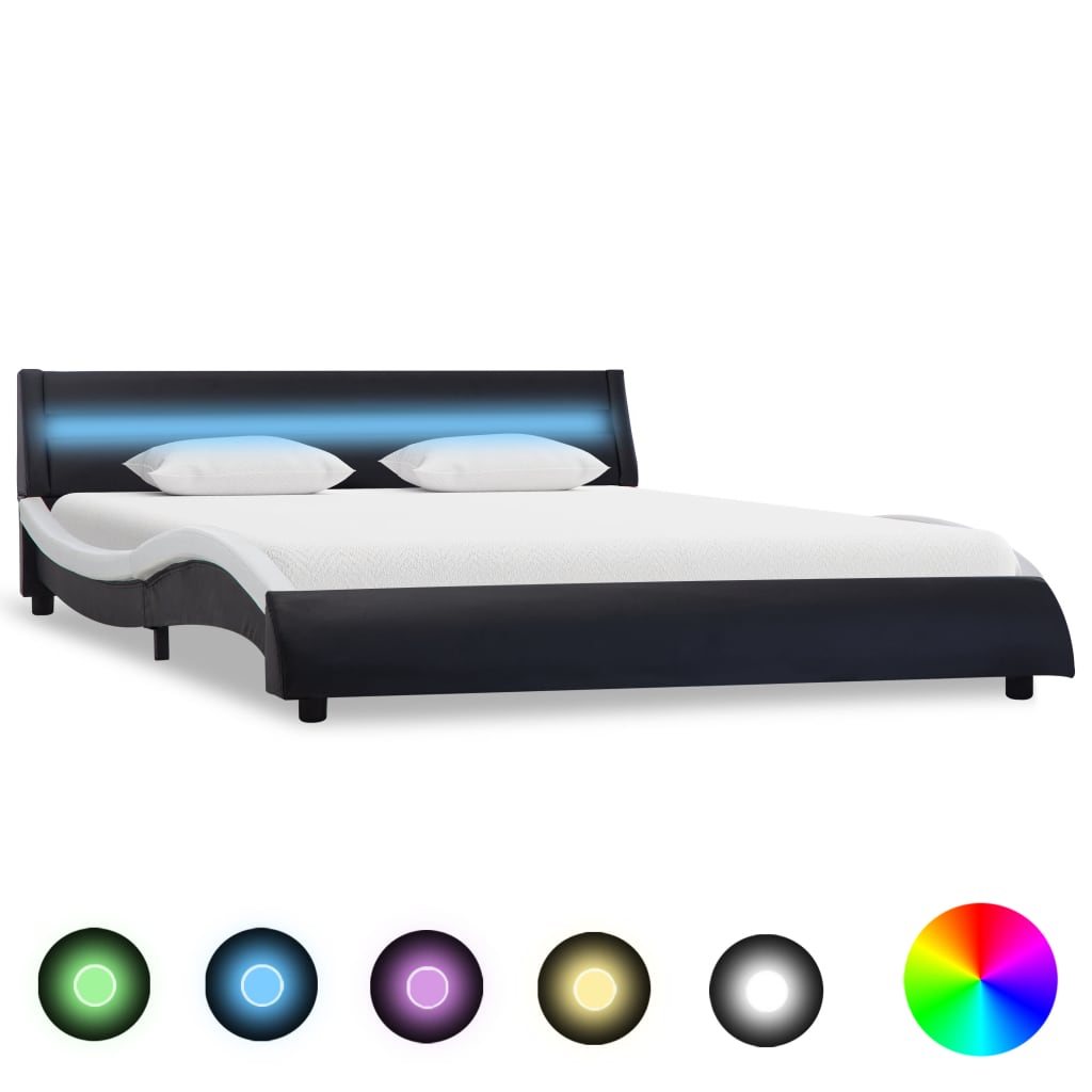 vidaXL Cadru pat cu LED, negru și alb, 140 x 200 cm, piele ecologică vidaXL