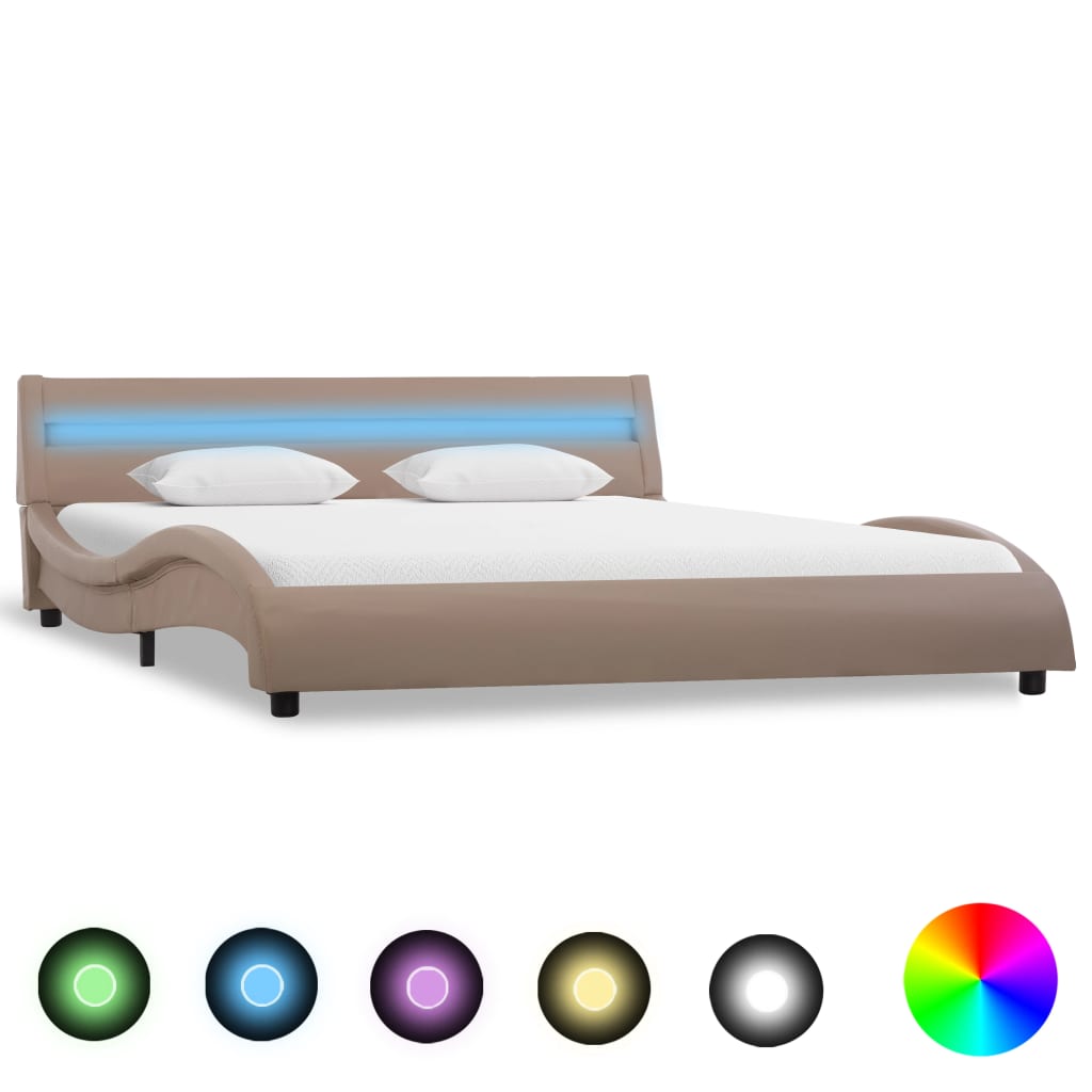 vidaXL Cadru de pat cu LED, cappuccino, 140 x 200 cm, piele ecologicÄƒ