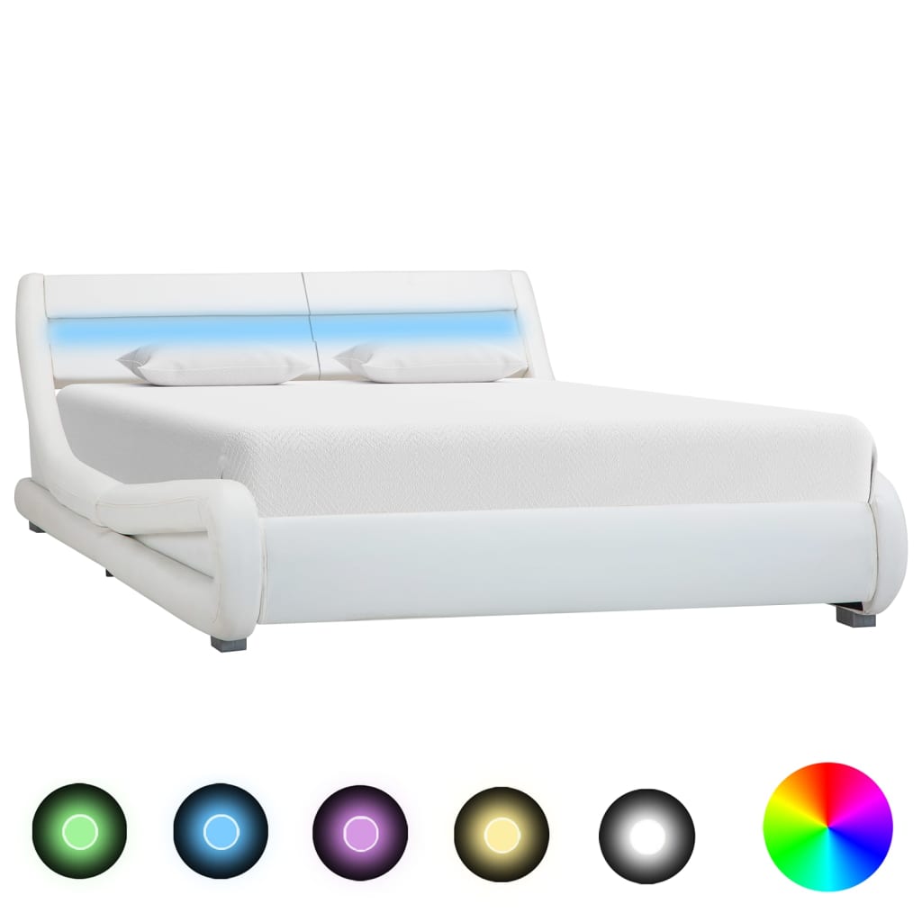 vidaXL Cadru de pat cu LED, alb, 160 x 200 cm, piele ecologică vidaXL