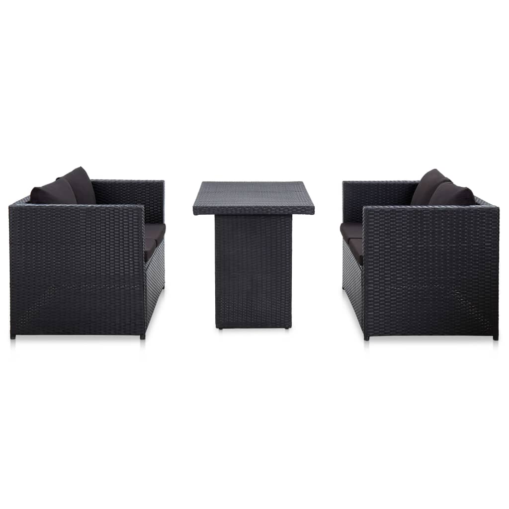 vidaXL 3-tlg. Garten-Lounge-Set mit Auflagen Poly Rattan Schwarz