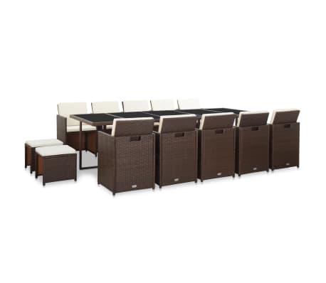 vidaXL Valgomojo komplektas su pagalvėmis, 15 dalių, rudas, ratanas