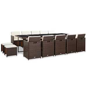 vidaXL Valgomojo komplektas su pagalvėmis, 15 dalių, rudas, ratanas