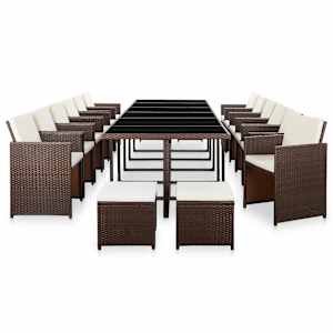 vidaXL Lauko komplektas su pagalvėmis, 17 dalių, rudas, poliratanas