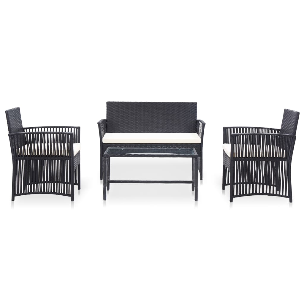 Set mobilier de grădină cu perne, 4 piese, negru, poliratan