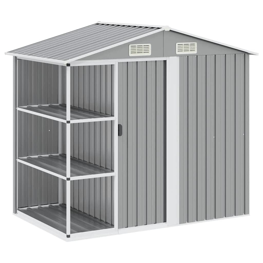 vidaXL Zahradní domek s regálem šedý 205 x 130 x 183 cm železo