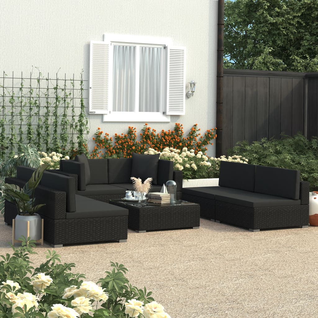 vidaXL 7-tlg. Garten-Lounge-Set Schwarz mit Auflagen Poly Rattan