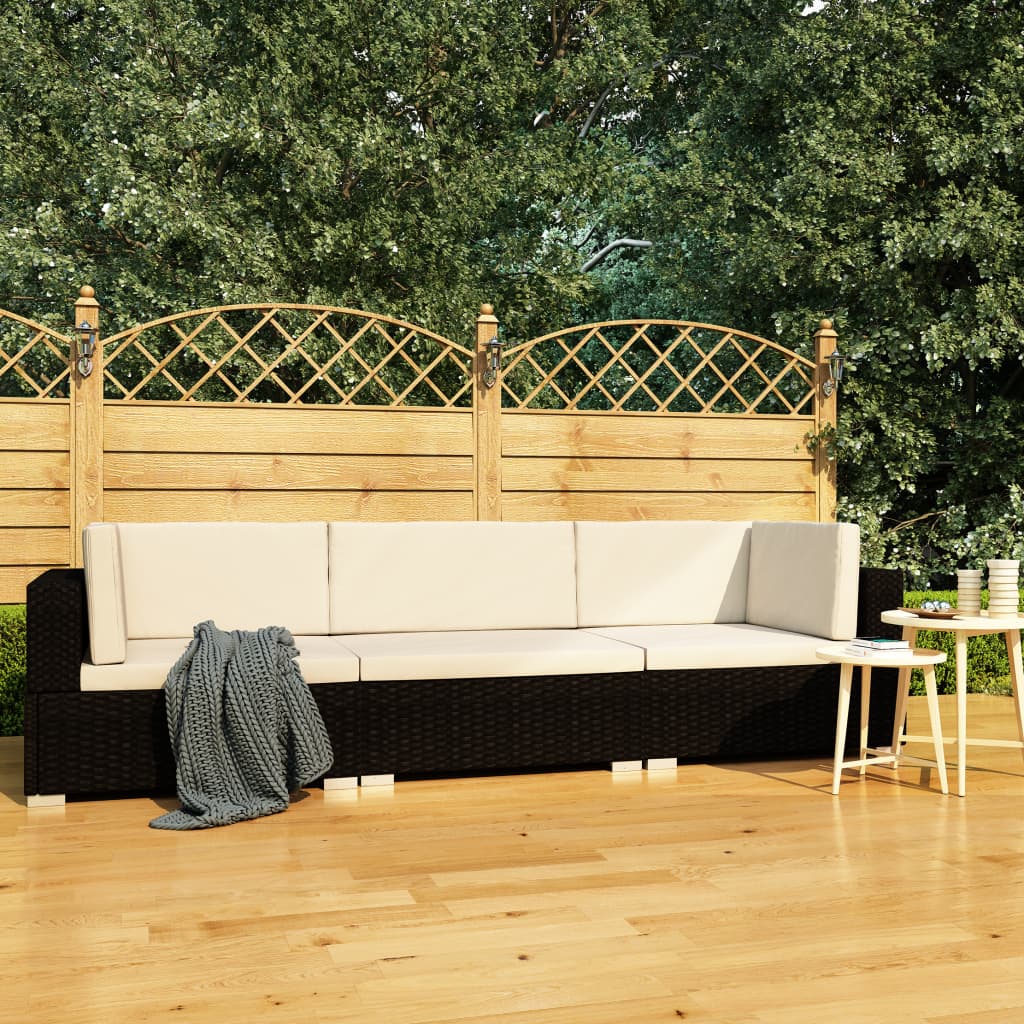 vidaXL 3-tlg. Garten-Sofagarnitur mit Auflagen Poly Rattan Schwarz