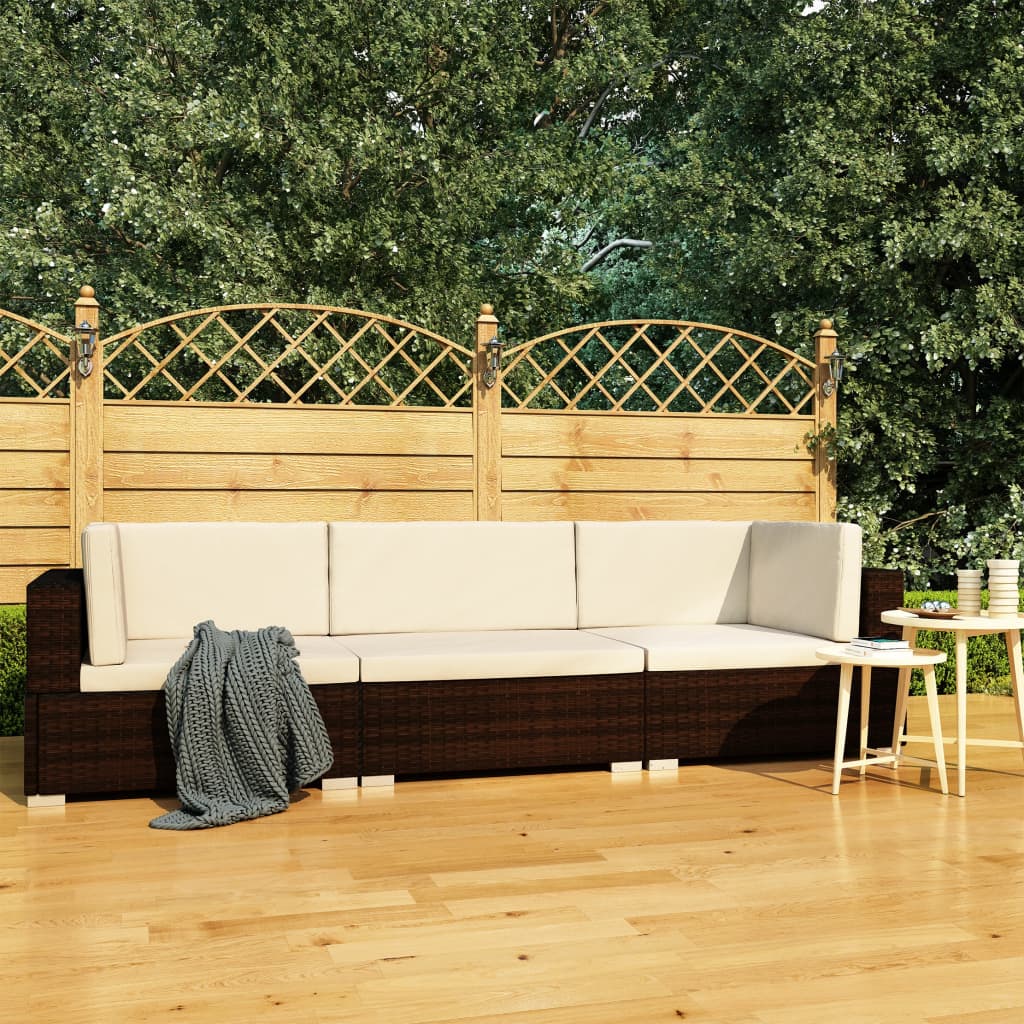 vidaXL 3-tlg. Garten-Sofagarnitur mit Auflagen Poly Rattan Braun