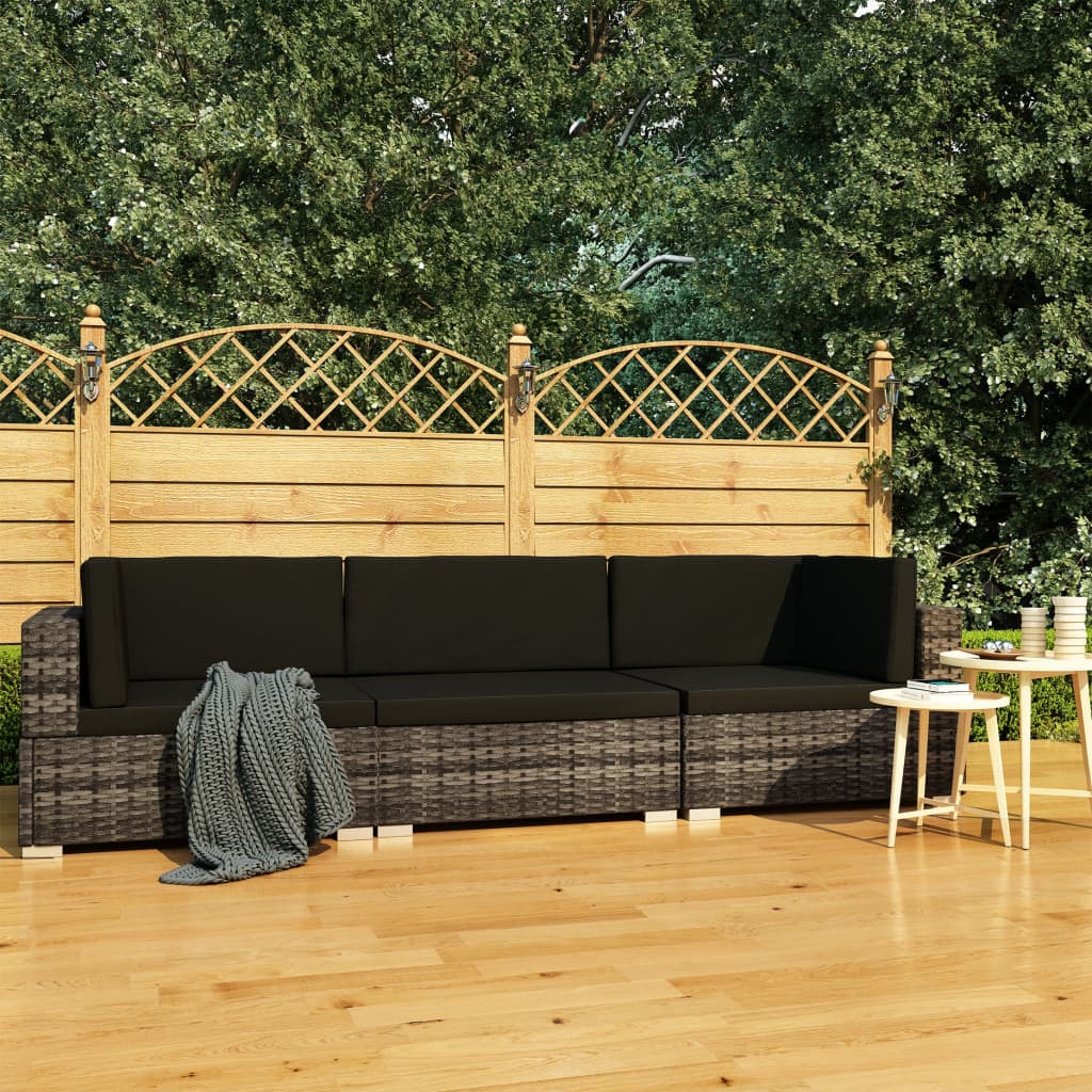 vidaXL 3-tlg. Garten-Sofagarnitur mit Auflagen Poly Rattan Grau