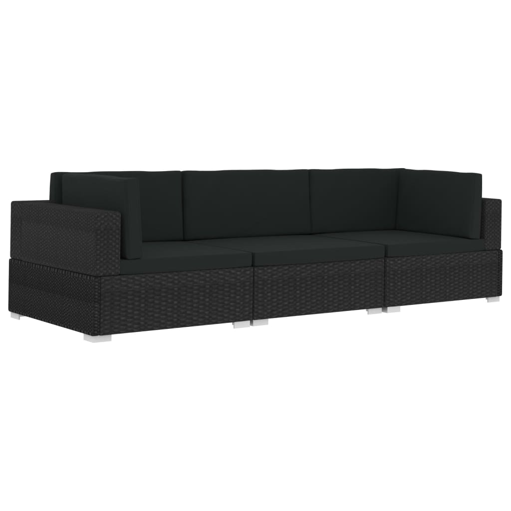 Zestaw wypoczynkowy polirattanowy, 2 sof narożne, 1 sofa środkowa, 5 poduszek na oparcie, 3 poduszki na siedziska, czarny, 210x70x54 cm