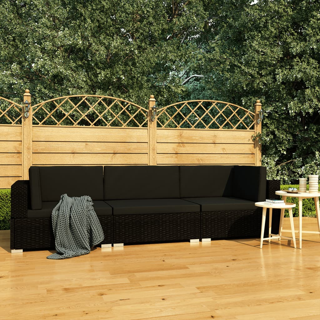 vidaXL 3-tlg. Garten-Sofagarnitur mit Auflagen Poly Rattan Schwarz