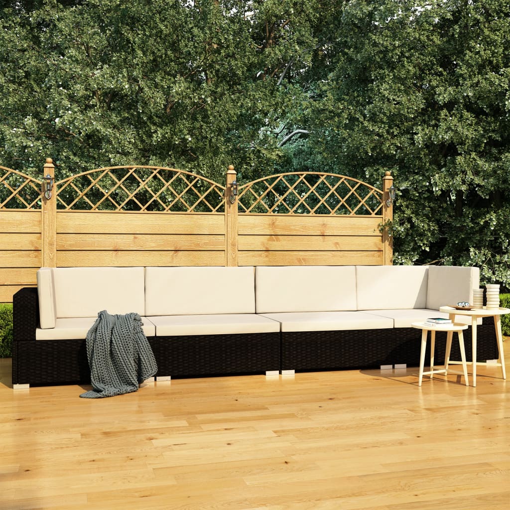 vidaXL 4-tlg. Garten-Sofagarnitur mit Auflagen Poly Rattan Schwarz