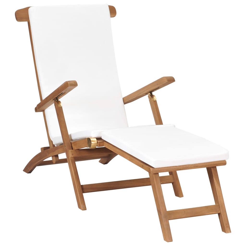 Polohovací židle s poduškou krémově bílá masivní teakové dřevo