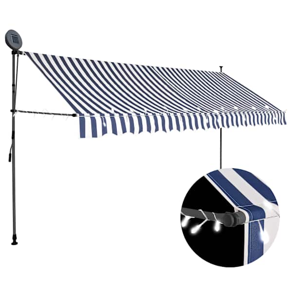 vidaXL k&auml;sitsi sisset&otilde;mmatav varikatus, LED, 350 cm sinine ja valge