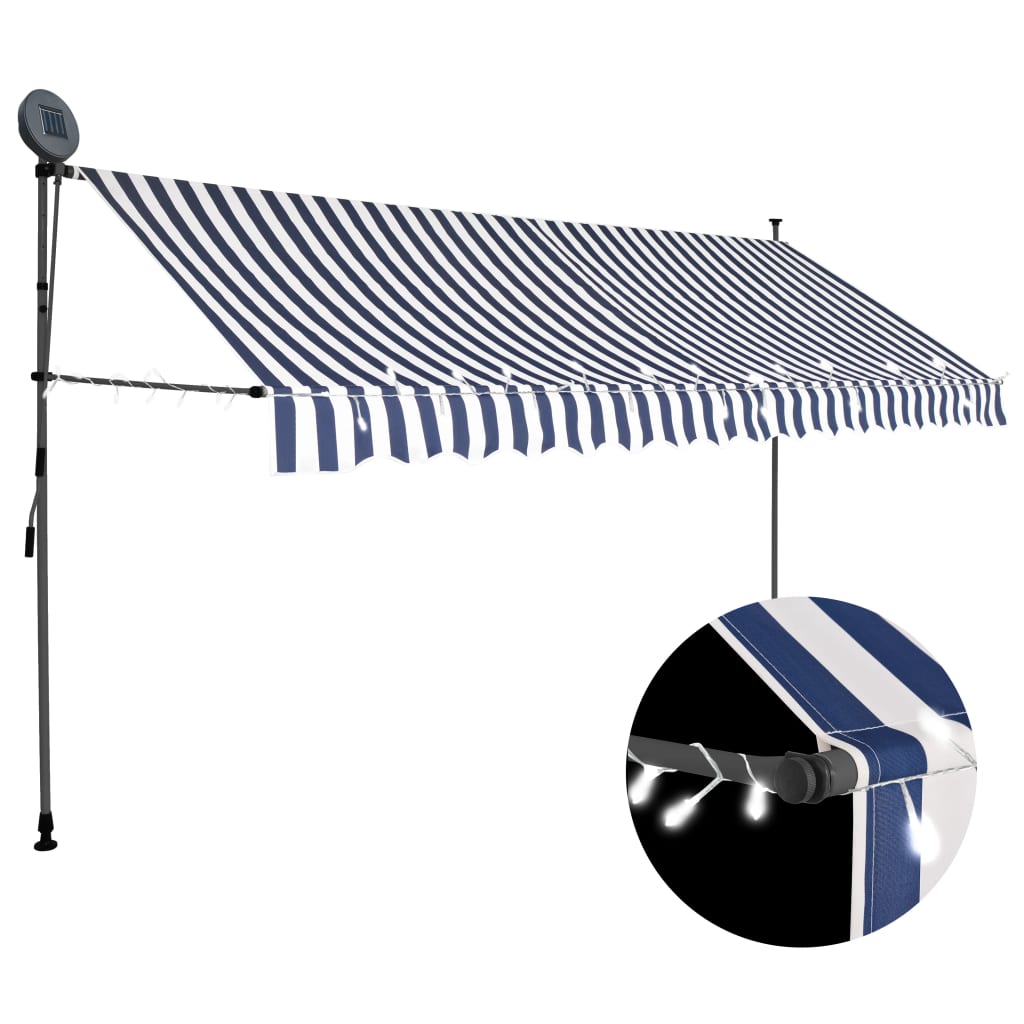 vidaXL Copertină retractabilă manual cu LED, albastru & alb, 400 cm