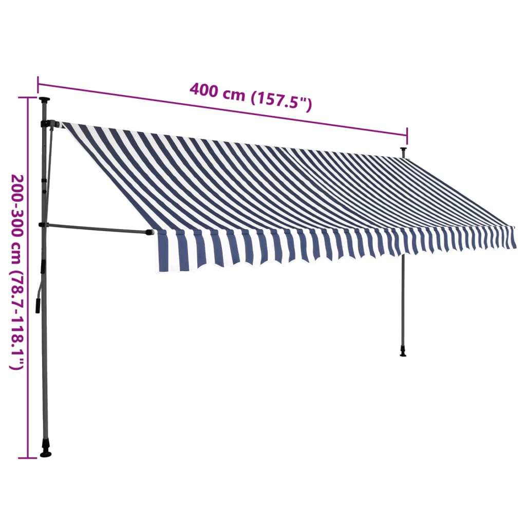 kék és fehér kézzel kihúzható LED-es napellenző 400 cm