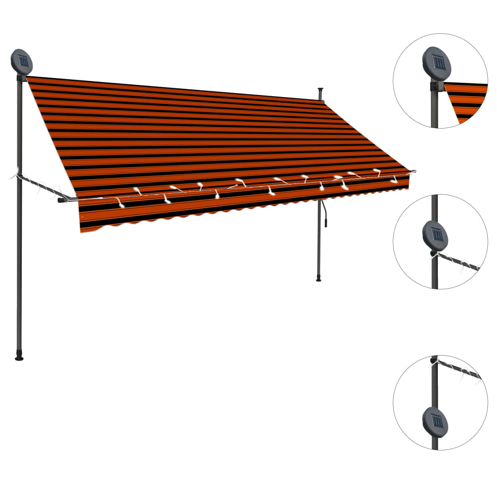 Copertină retractabilă manual cu LED, portocaliu & maro, 300 cm