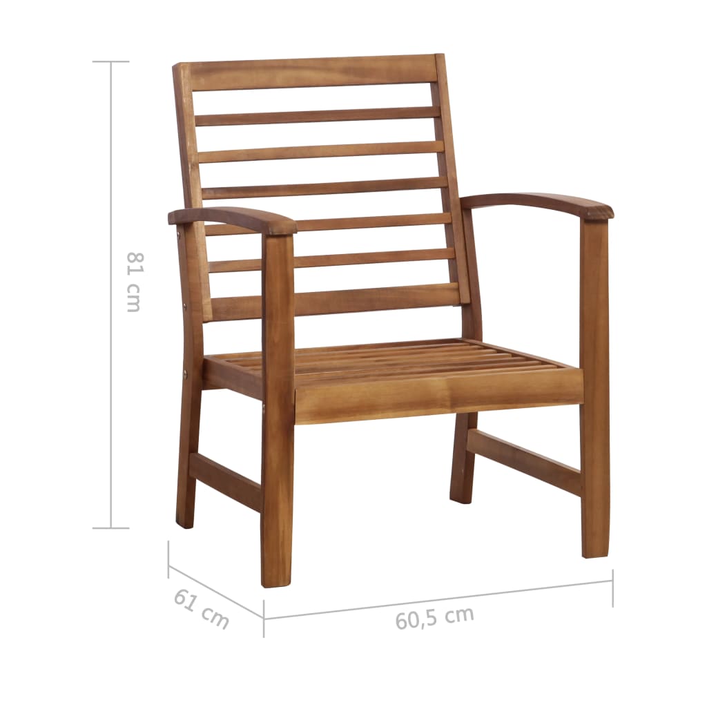 Komplet drewnianych mebli ogrodowych: stół, ławka, krzesła - akacja, olej (100x50x33 cm, 120x61x81 cm, 60,5x61x81 cm)