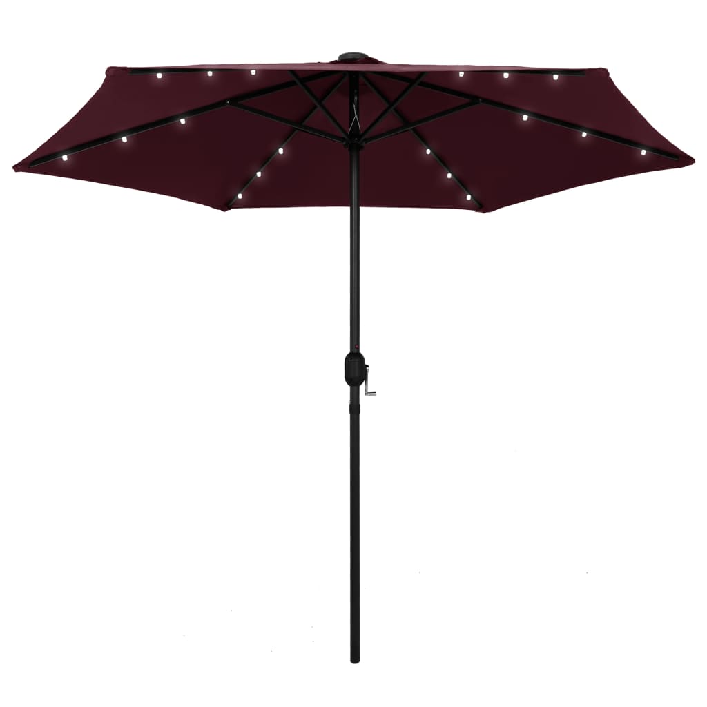 vidaXL udendørs parasol med LED-lys og aluminiumsstang 270 cm bordeaux