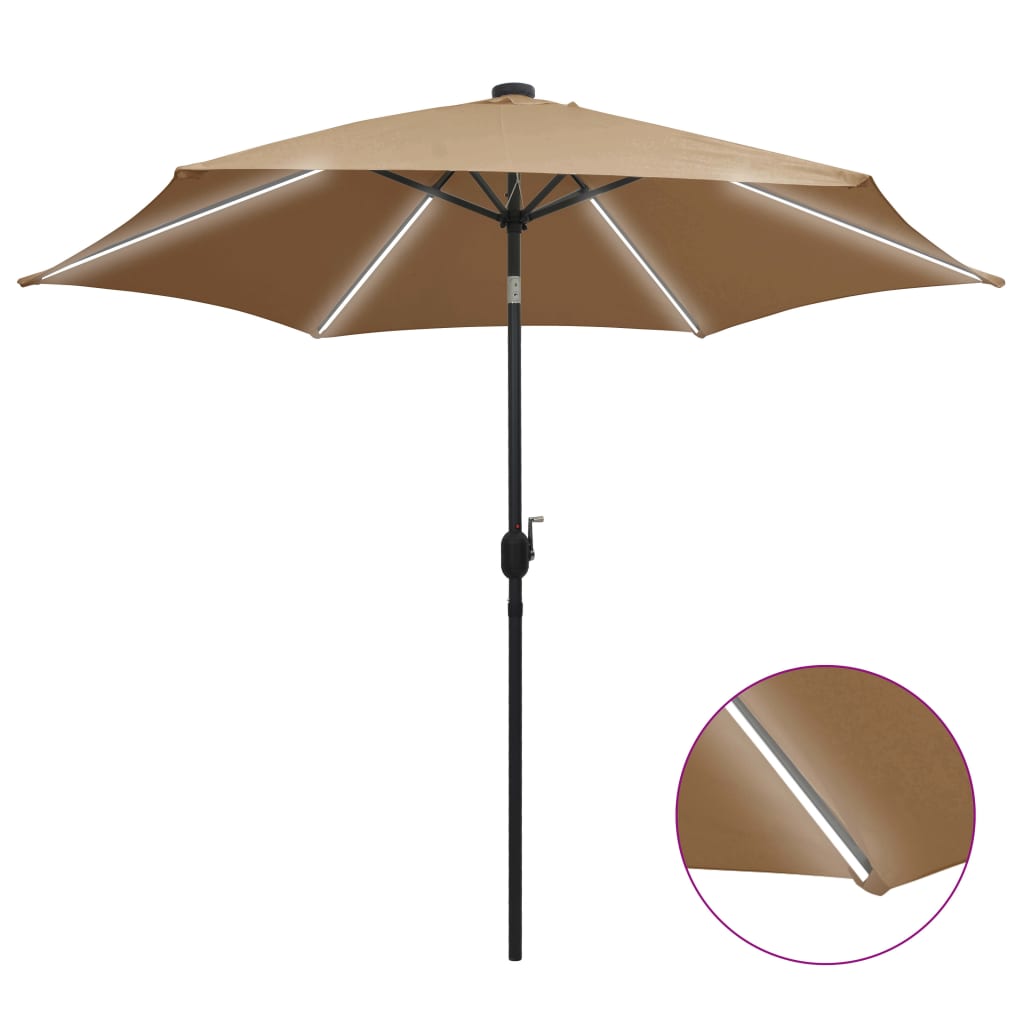 vidaXL Umbrelă de soare cu LED-uri, stâlp din aluminiu, taupe, 300 cm