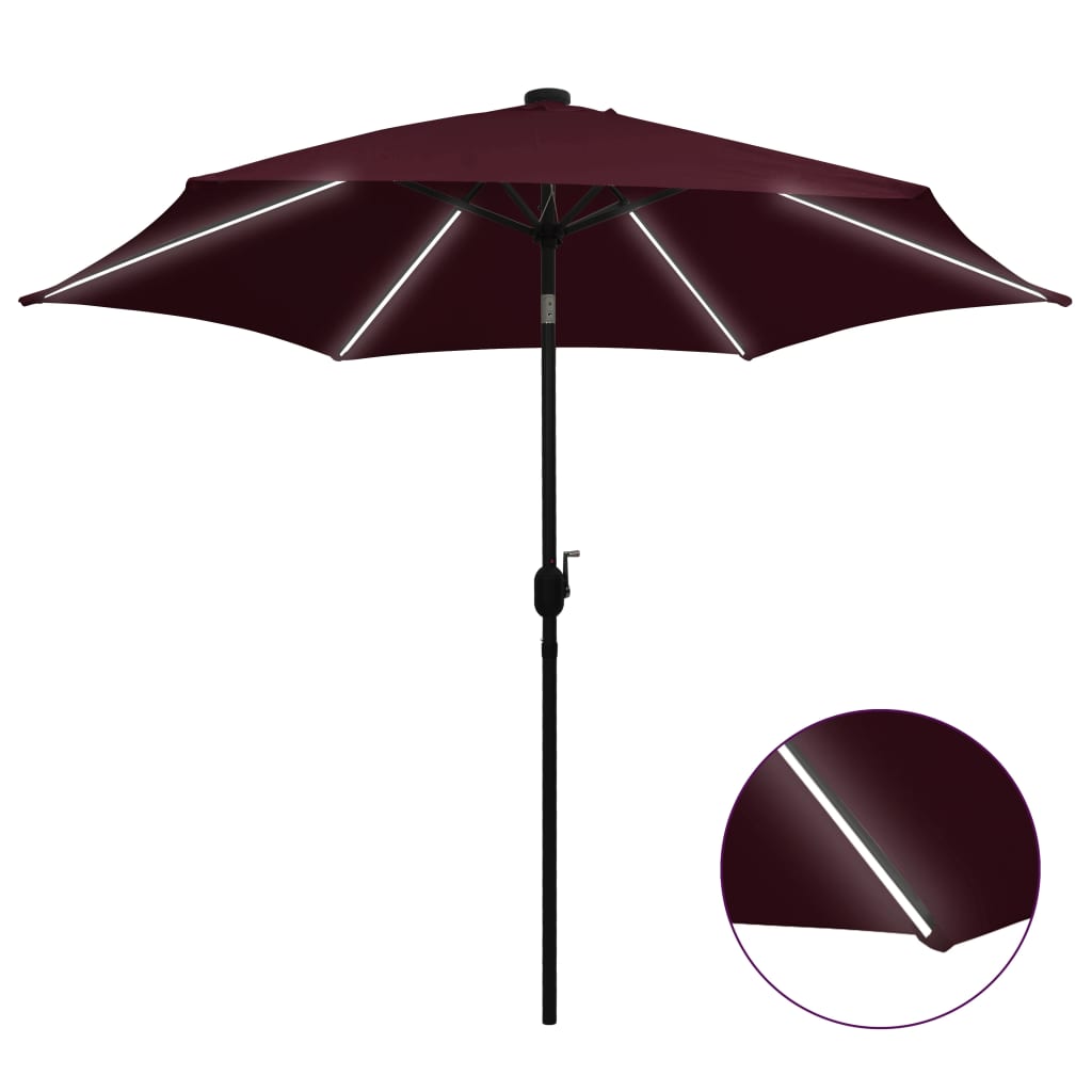 vidaXL Umbrela de soare, LED-uri si stalp aluminiu, bordo, 300 cm