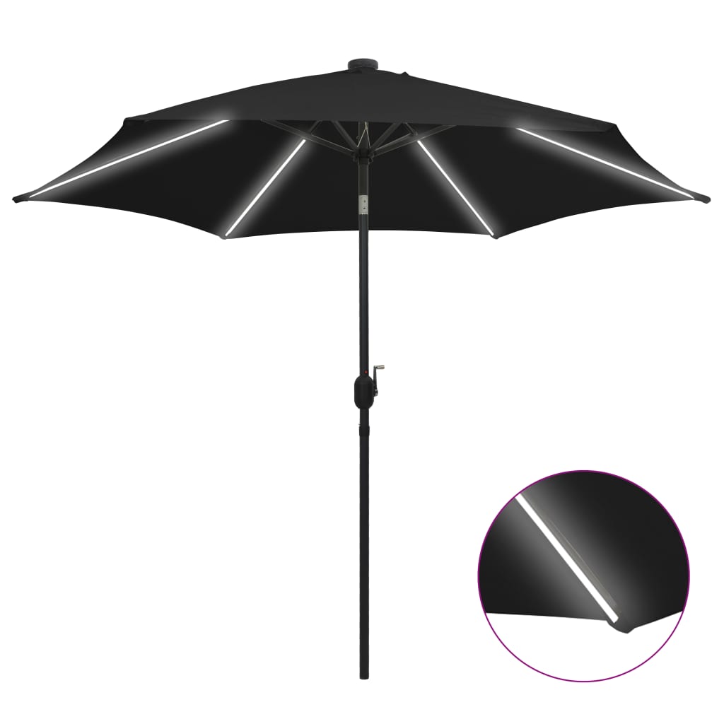 vidaXL Umbrelă de soare cu LED-uri, stâlp din aluminiu, negru, 300 cm