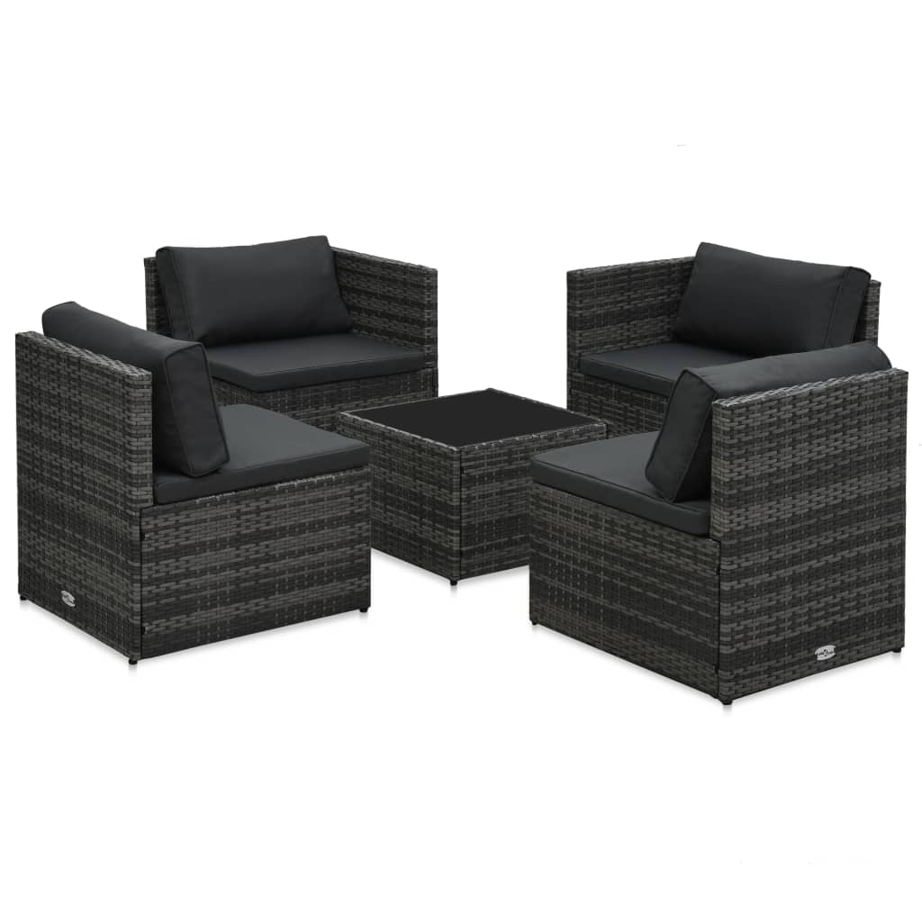 

vidaXL 5-delige Loungeset met kussens poly rattan grijs