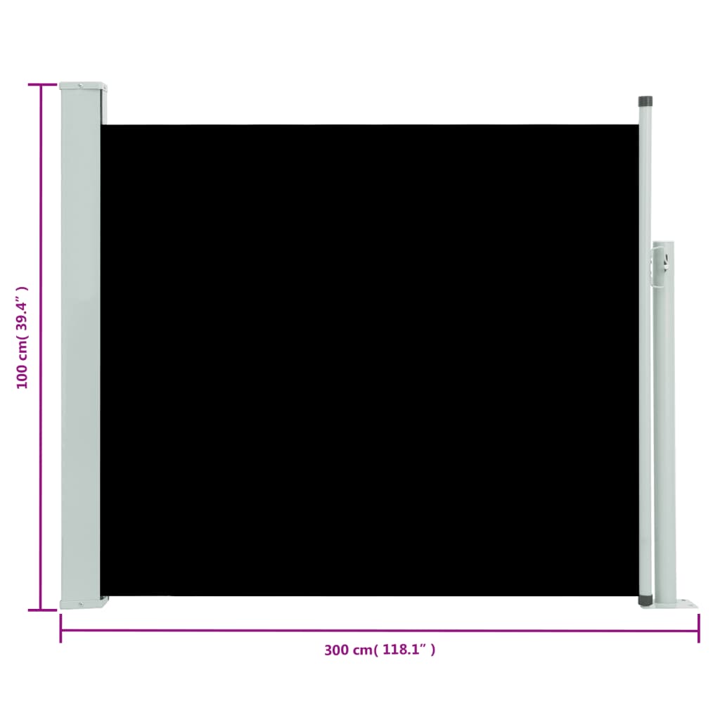 fekete behúzható oldalsó teraszi napellenző 100 x 300 cm