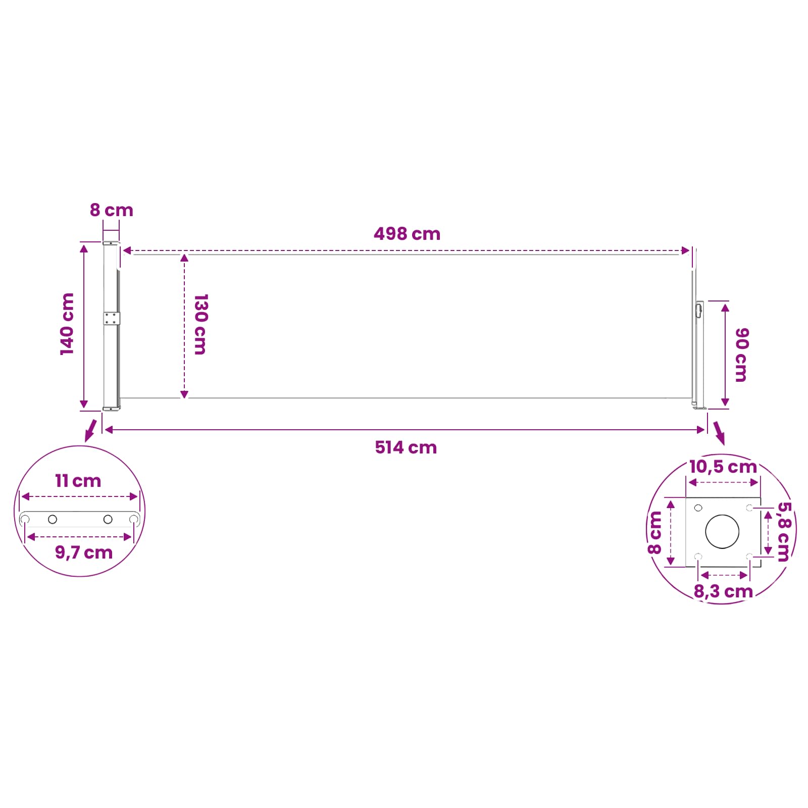 Patio Retractable Side Awning size guide