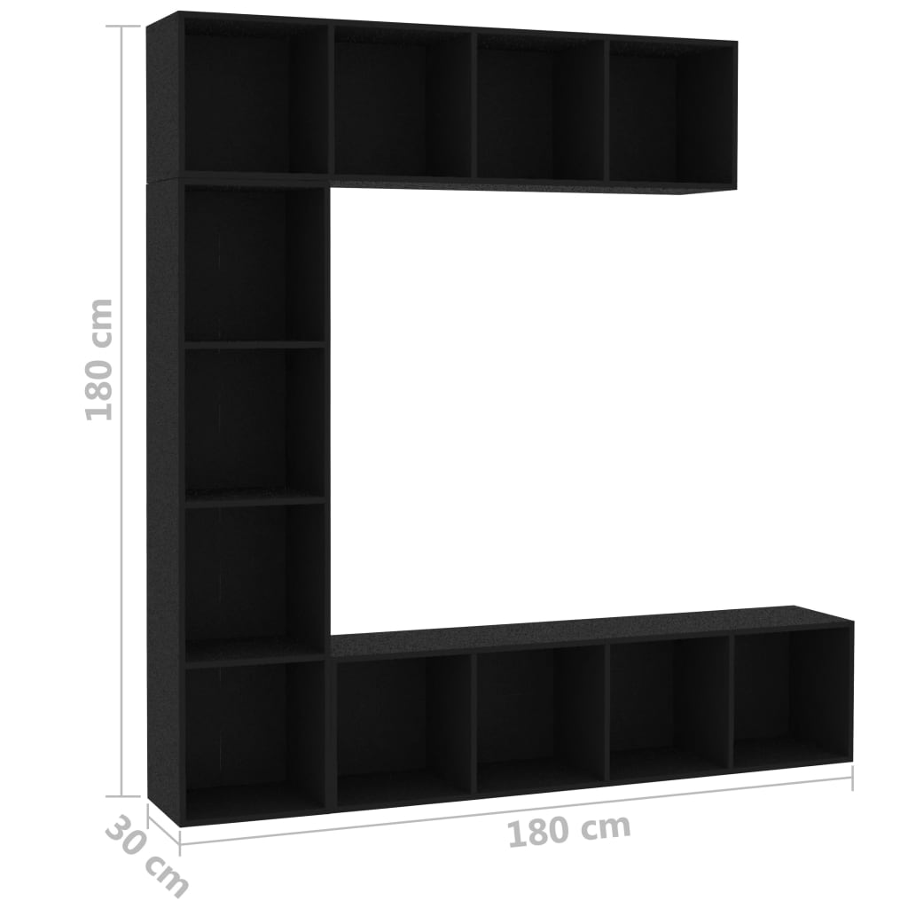 3-részes fekete könyv-/TV-szekrényszett 180 x 30 x 180 cm 