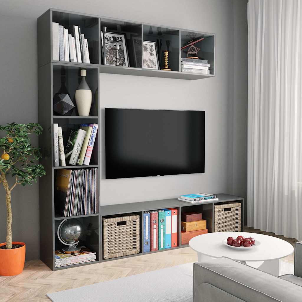High gloss grey book TV cabinet set with shelves and storage baskets, in a living room setting.