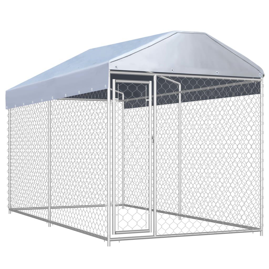 Chenil d'extérieur en acier galvanisé avec toit pour chien - Panneaux à mailles - 382x192x225 cm - 7m²
