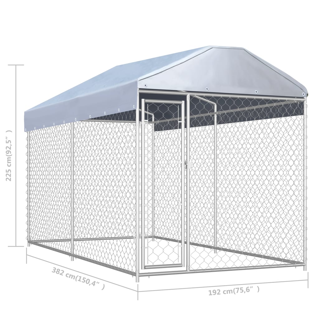 Chenil d'extérieur en acier galvanisé avec toit pour chien - Panneaux à mailles - 382x192x225 cm - 7m²