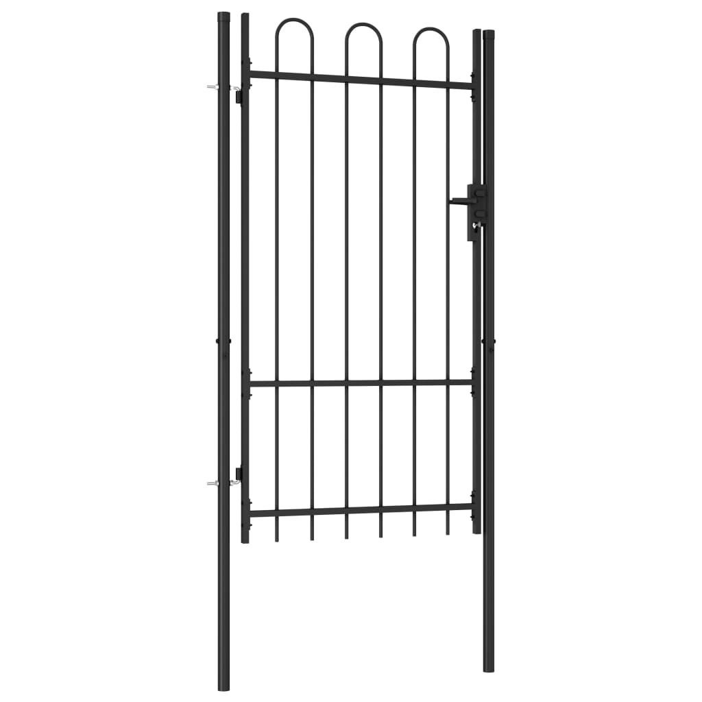 Poartă de gard, o ușă, cu vârf arcuit, negru, 1 x 1,75 m, oțel