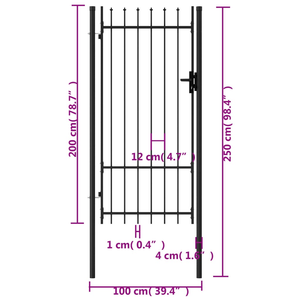  Jednokrídlová plotová brána s hrotmi, oceľ 1x2 m, čierna