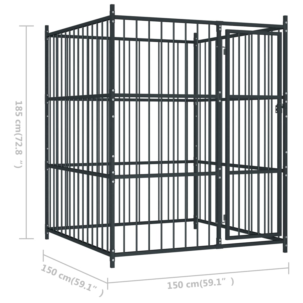 Chenil d'extérieur en acier noir pour chien - Panneaux à barreaux - 150 x 150 x 185 cm - 22 m²