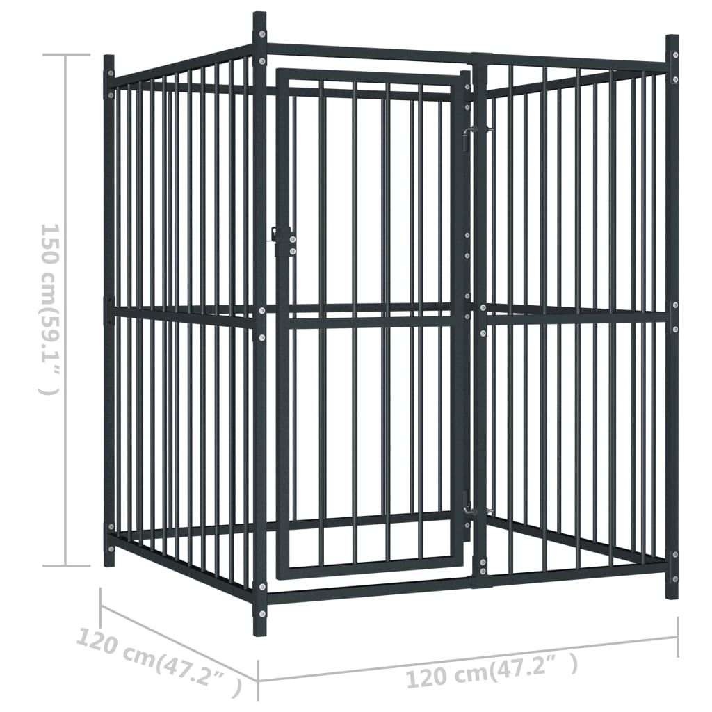 Chenil d'extérieur en acier noir pour chien - Panneaux à barreaux - 120 x 120 x 150 cm - 14 m2