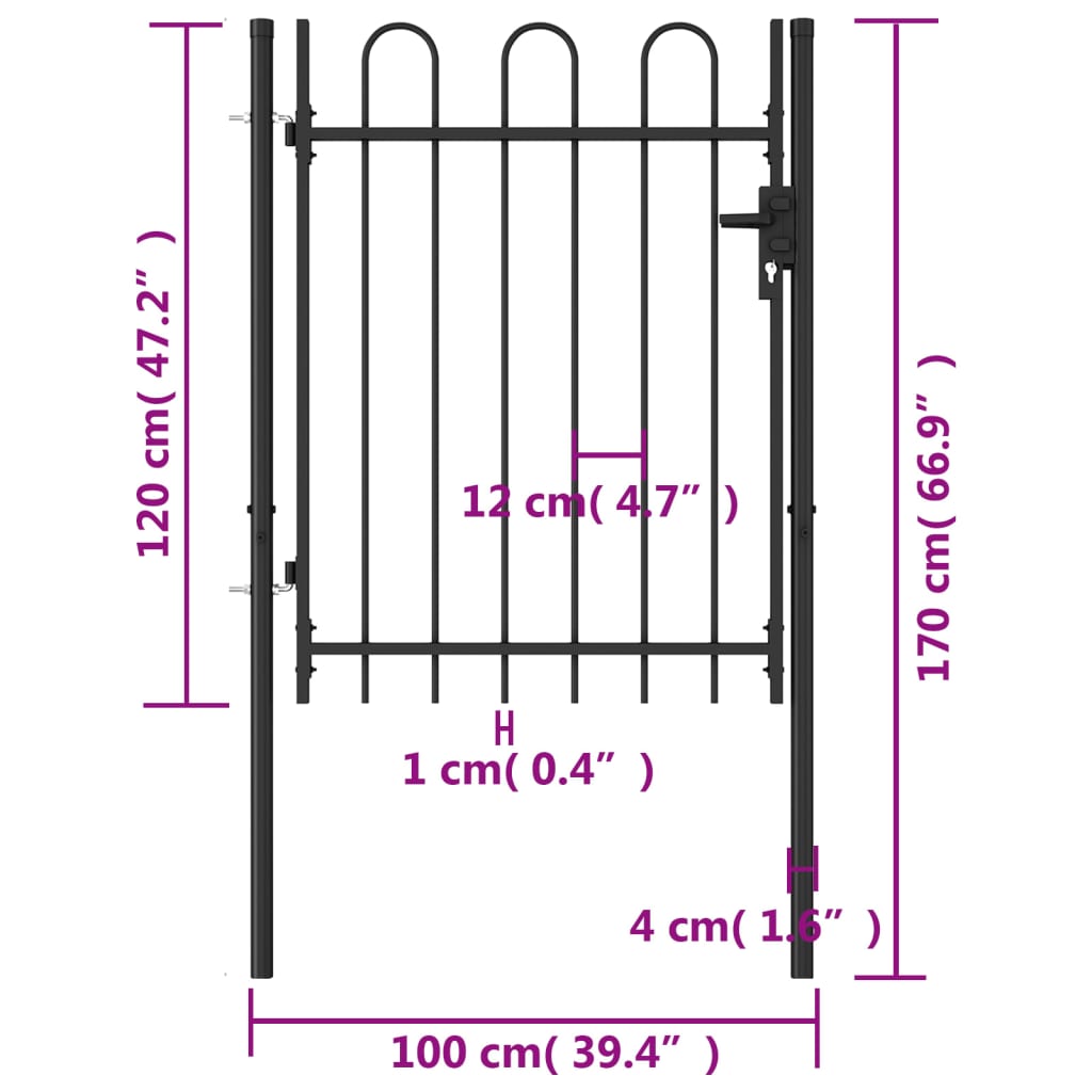 vidaXL Fence Gate Single Door with Arched Top Steel 3.2'x3.9' Black