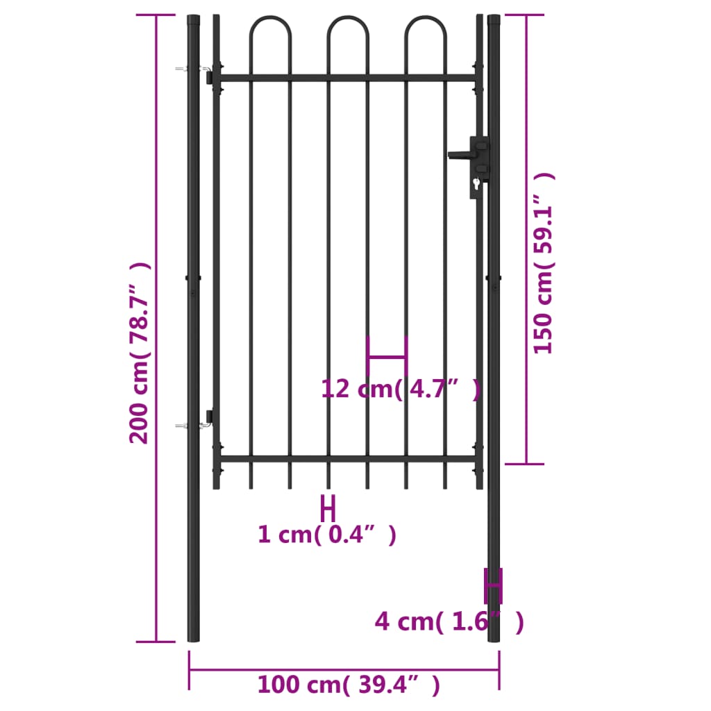  Jednokrídlová plotová brána s oblúkom, oceľ 1x1,5 m, čierna