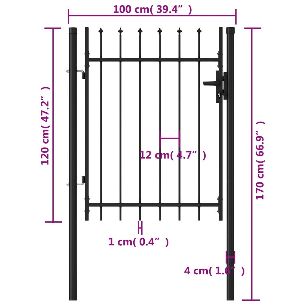 Jednokrídlová plotová brána s hrotmi, oceľ 1x1,2 m, čierna