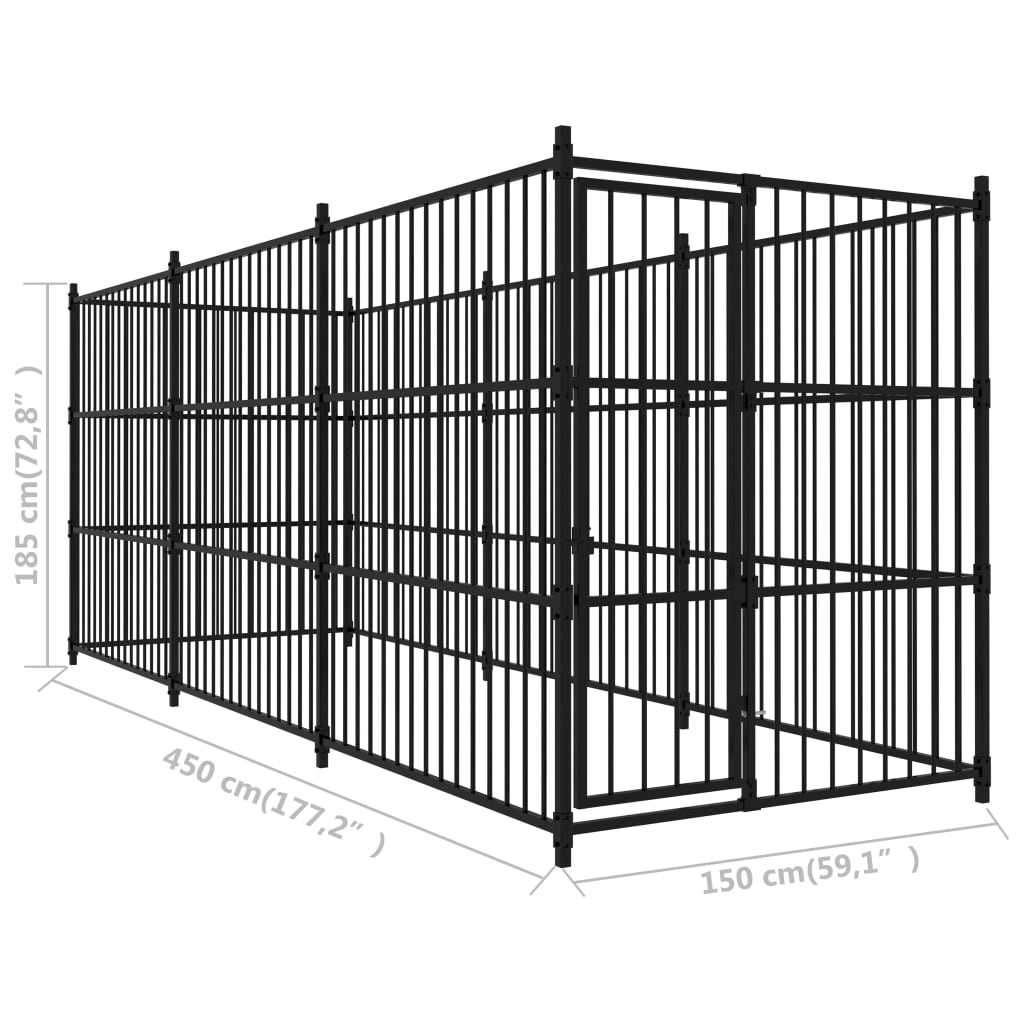 Chenil d'extérieur en acier noir pour chien - Panneaux à barreaux - 450x150x185 cm - 7m²