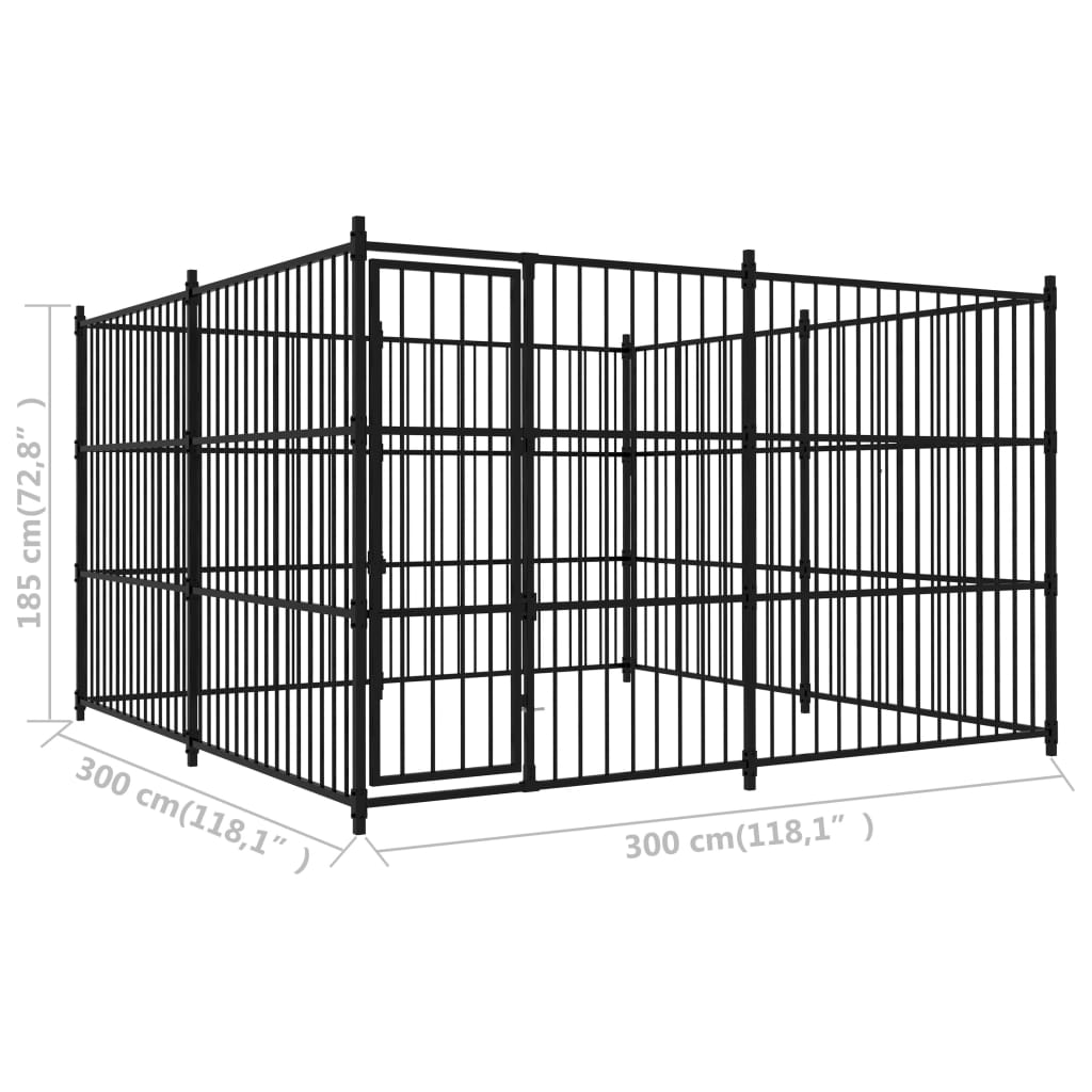 Chenil d'extérieur en acier noir pour chien - Panneaux à barreaux - 300x300x185 cm - 9m²