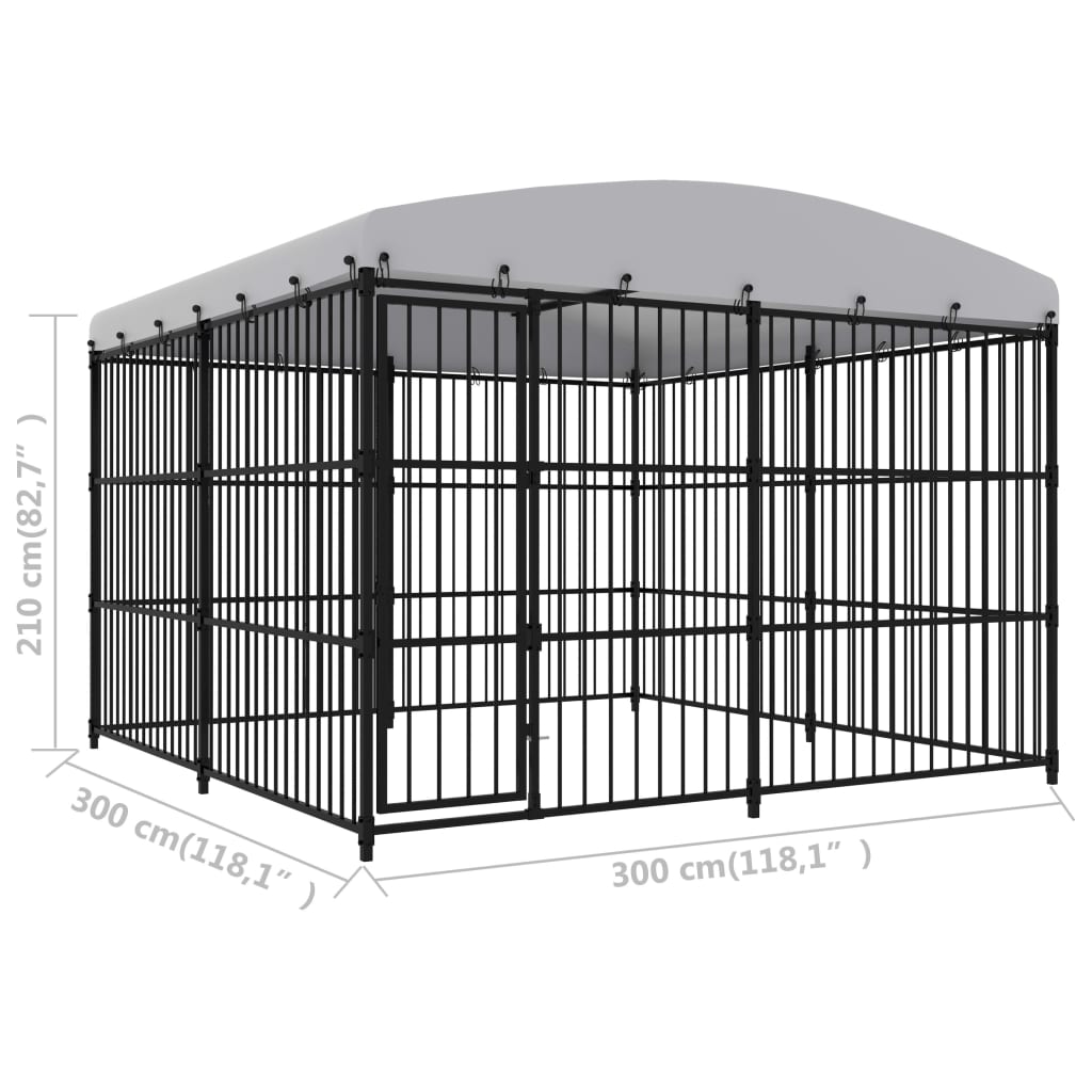 Chenil d'extérieur en acier noir avec toit pour chien - Panneaux à barreaux - 300x300x210 cm - 9m²