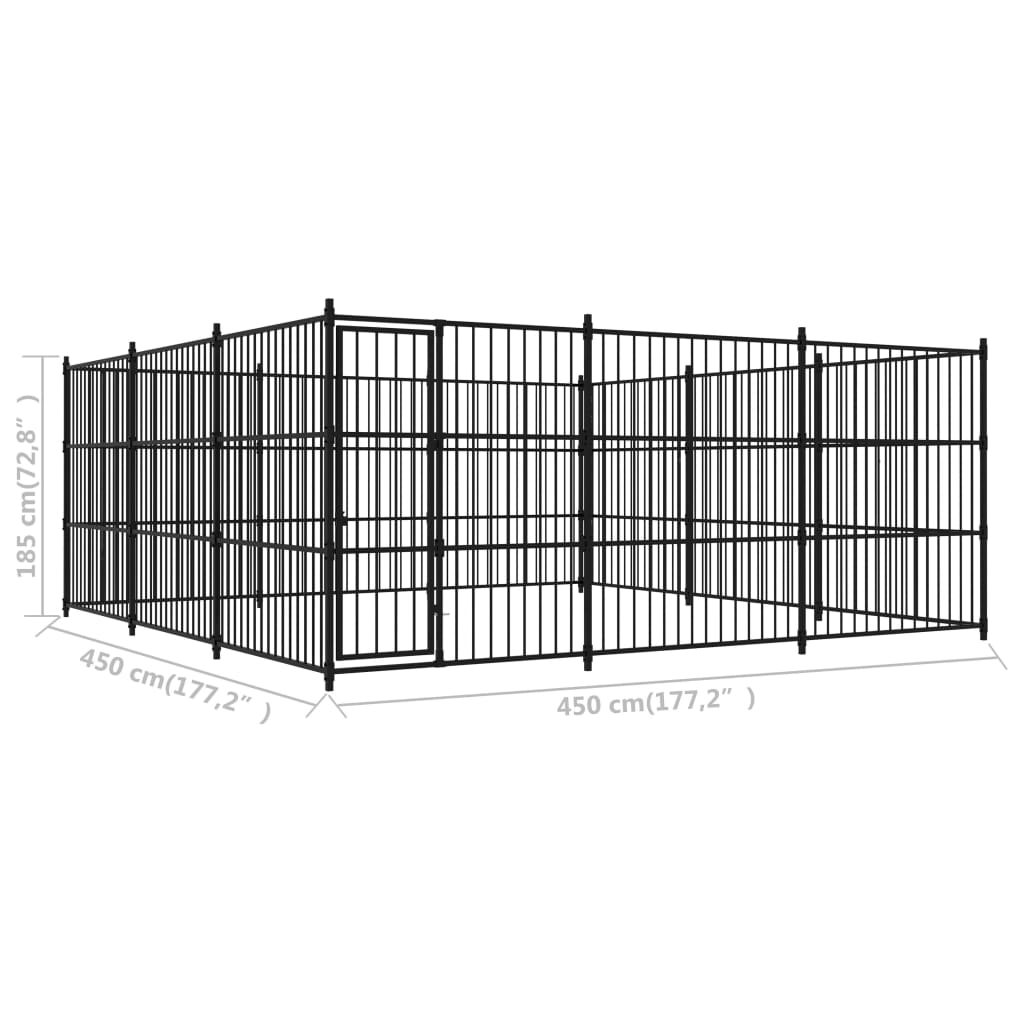Chenil d'extérieur en acier noir pour chien - Panneaux à barreaux - 450x450x185 cm - 20m²