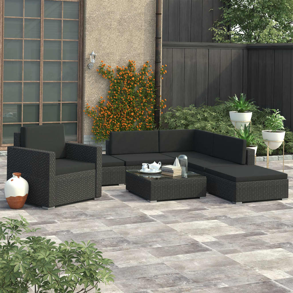 Garden Lounge Set Black (Rattan), Black (Cushions)